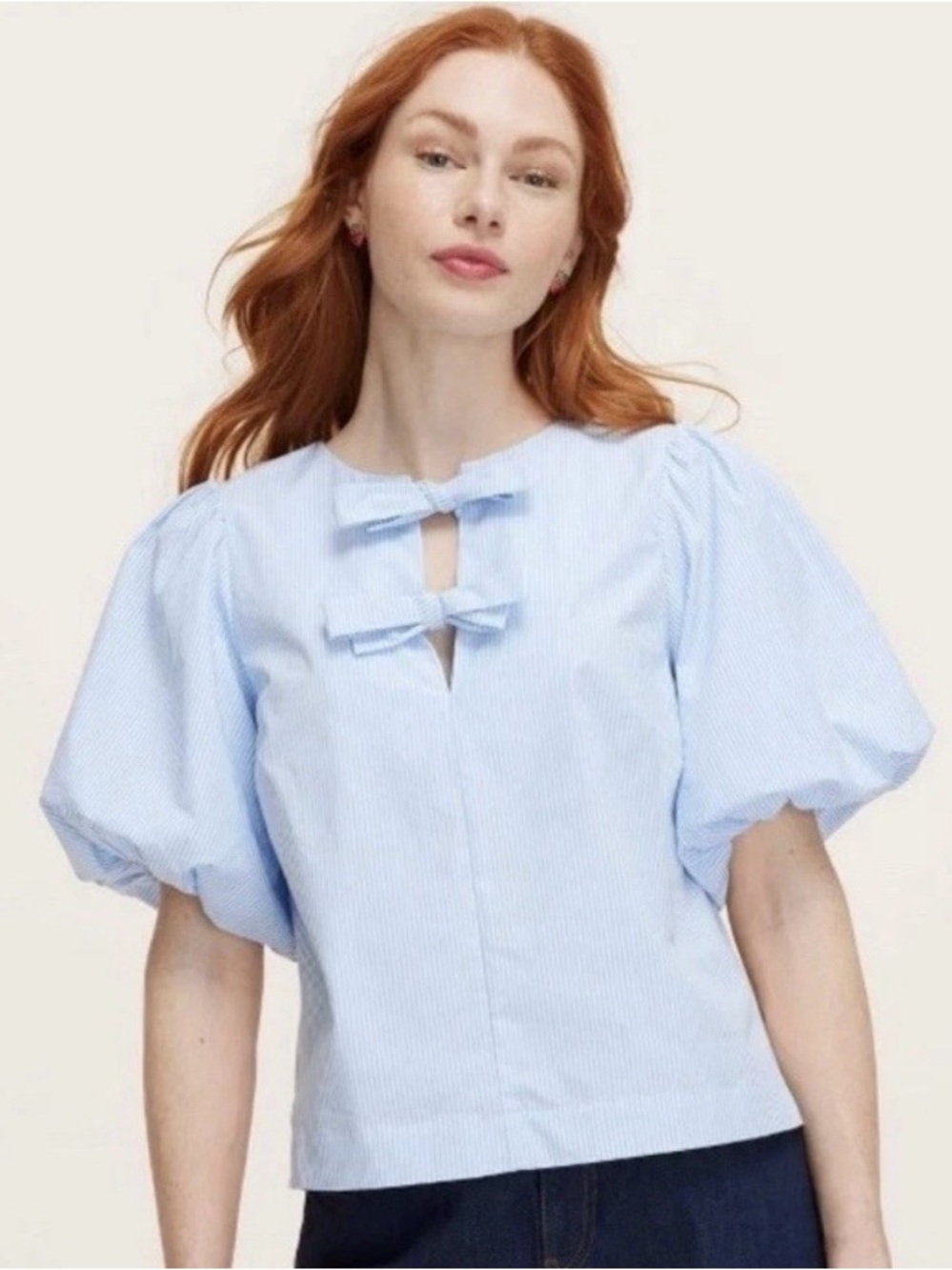 Kate Spade x Target Light Blue and White Striped Puff-Sleeve Bow Blouse